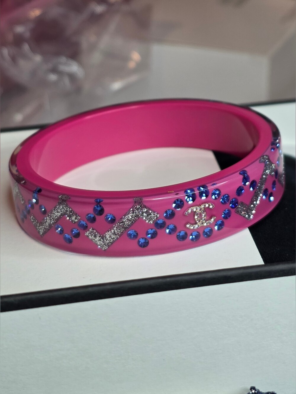 EUC CHANEL Hot Pink Resin Bangle with Crystal & CC Accents!